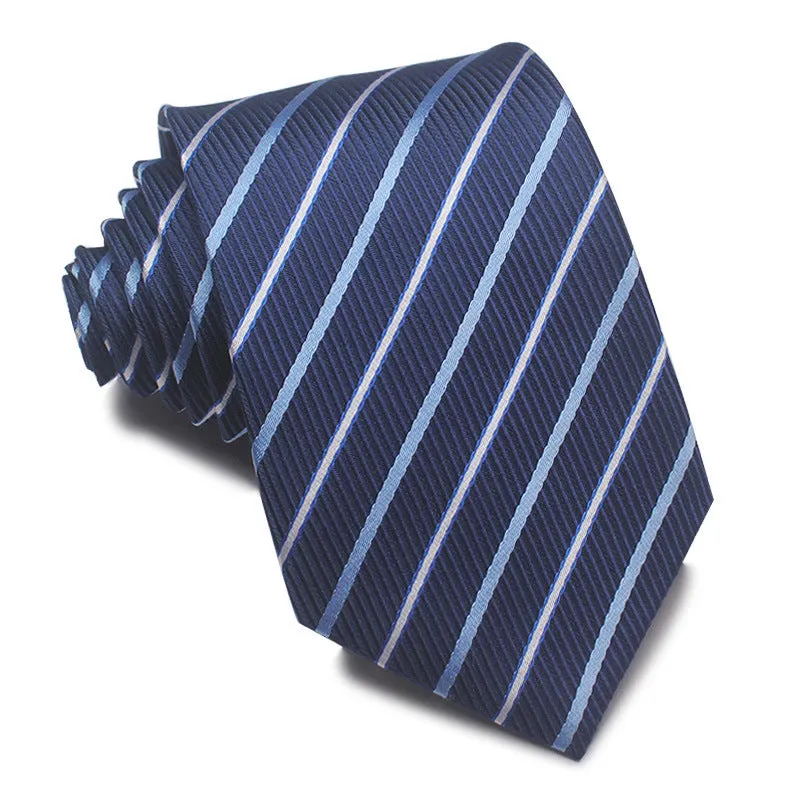 Men's red, black, and blue striped polyester tie with jacquard texture, shown with an 8cm width.