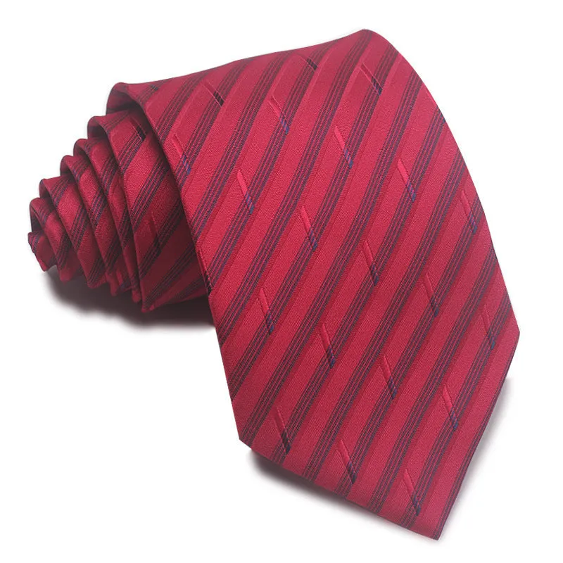 Men's red, black, and blue striped polyester tie with jacquard texture, shown with an 8cm width.