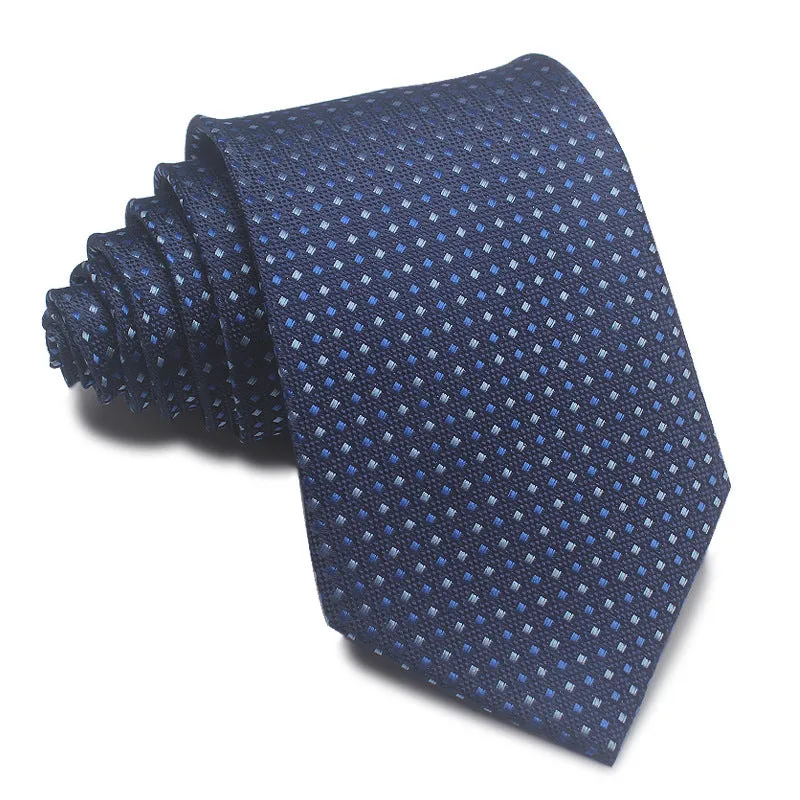 Men's red, black, and blue striped polyester tie with jacquard texture, shown with an 8cm width.