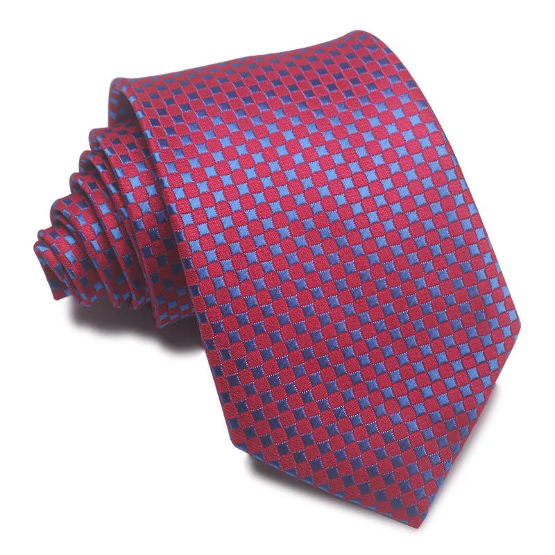 Men's red, black, and blue striped polyester tie with jacquard texture, shown with an 8cm width.