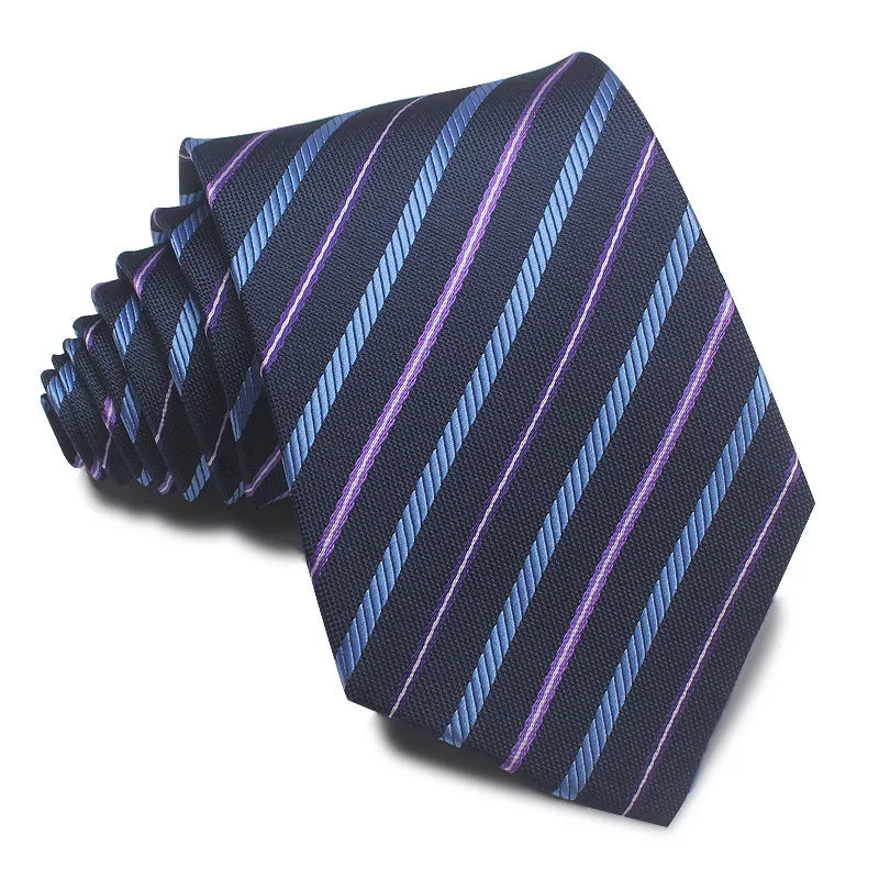Men's red, black, and blue striped polyester tie with jacquard texture, shown with an 8cm width.