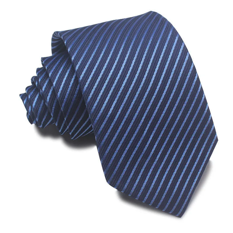 Men's red, black, and blue striped polyester tie with jacquard texture, shown with an 8cm width.