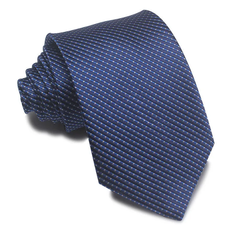 Men's red, black, and blue striped polyester tie with jacquard texture, shown with an 8cm width.