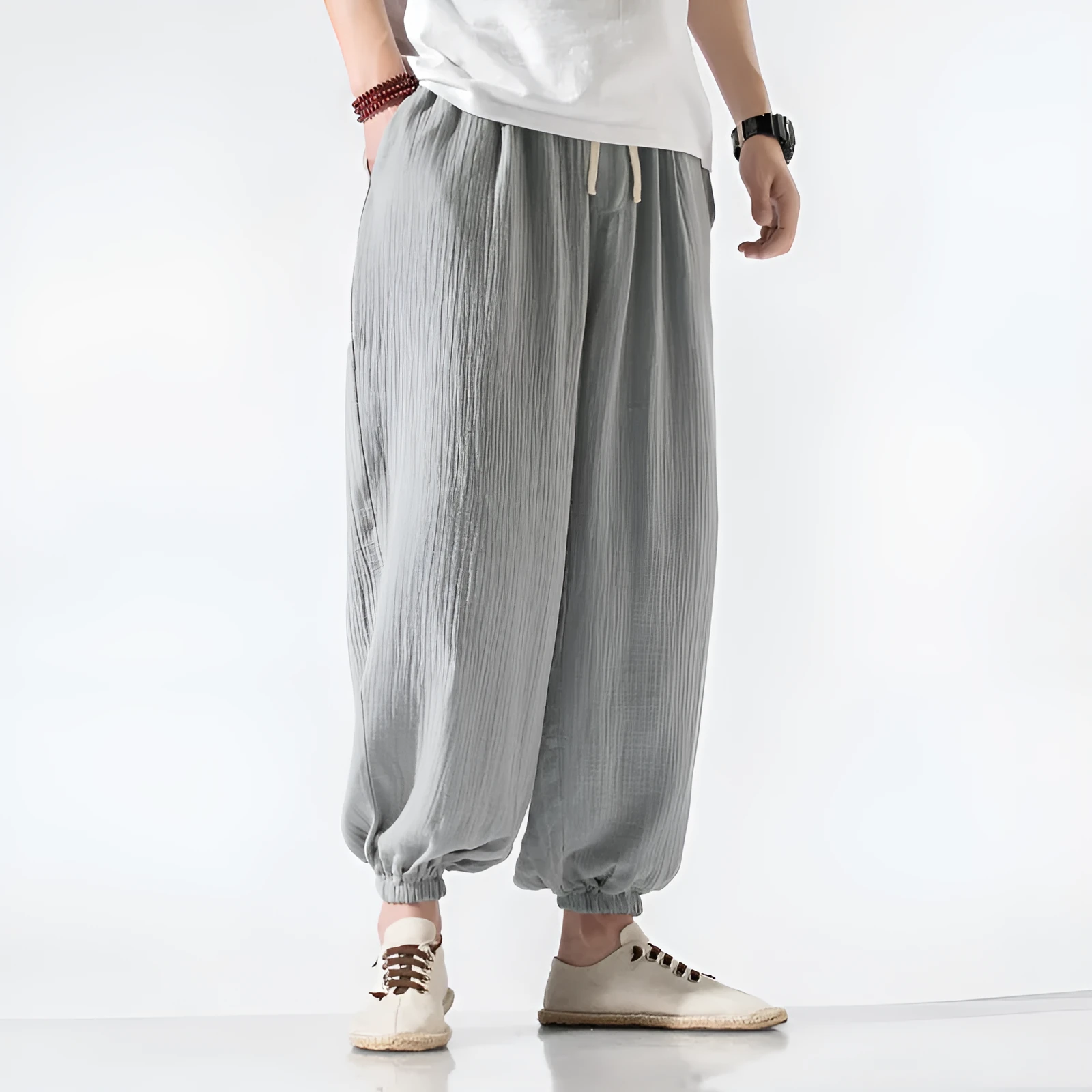 Men's plus size wide leg harem pants in loose fit, polyester plain fabric with tether closure, apricot colour