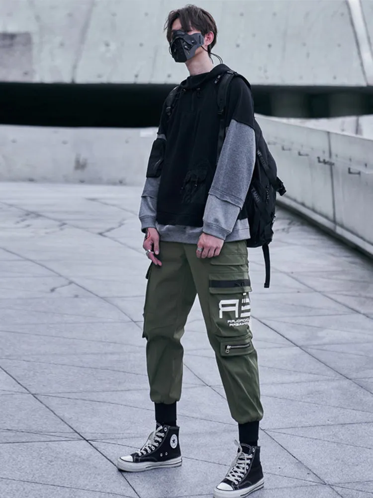 Men's 100% polyester cargo trousers in Army Green with side pockets and drawstring waist