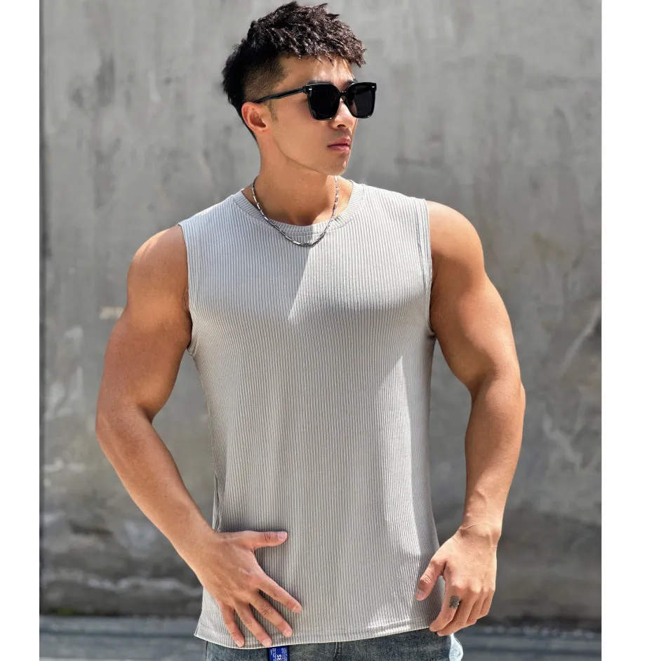 Men's summer workout vest in quick-drying polyester, sleeveless round neck with striped pattern, available in multiple colours
