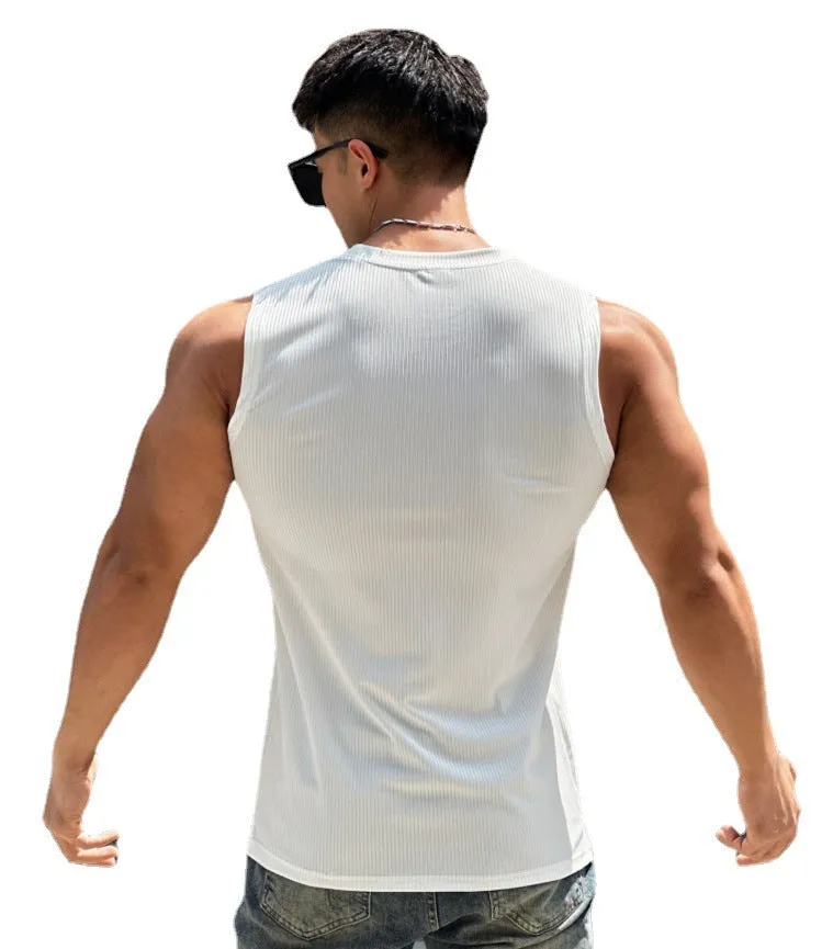 Men's summer workout vest in quick-drying polyester, sleeveless round neck with striped pattern, available in multiple colours