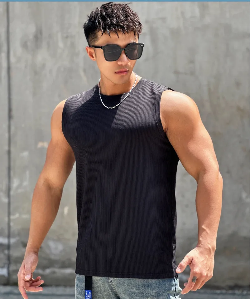 Men's summer workout vest in quick-drying polyester, sleeveless round neck with striped pattern, available in multiple colours