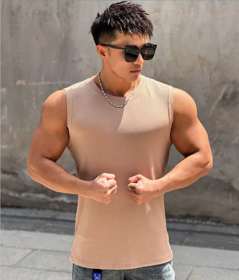 Men's summer workout vest in quick-drying polyester, sleeveless round neck with striped pattern, available in multiple colours