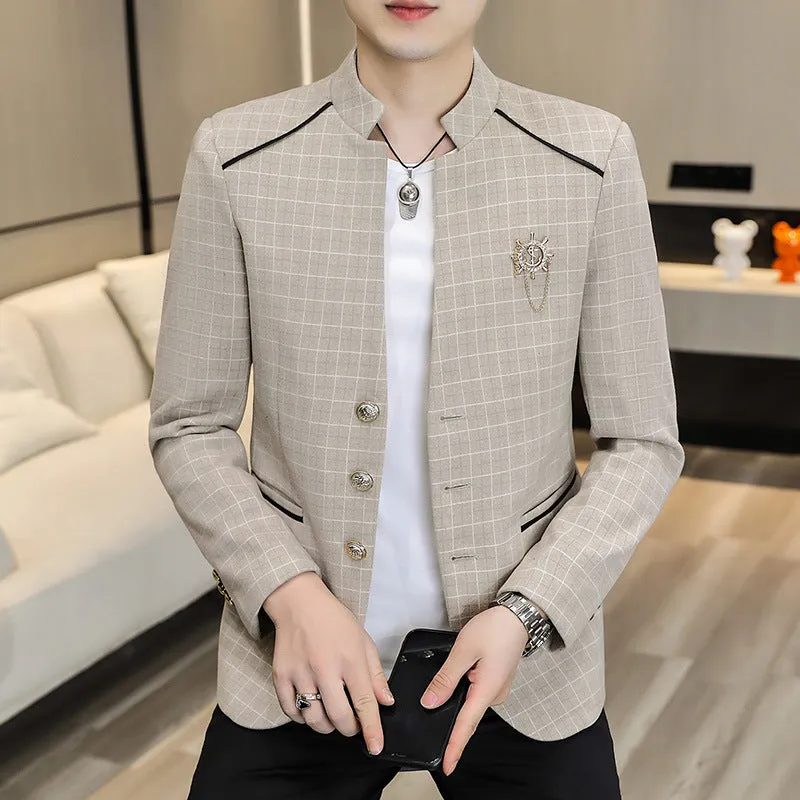 Men's plaid slim fit leisure coat in brown with bag cover seam pockets, shown from front