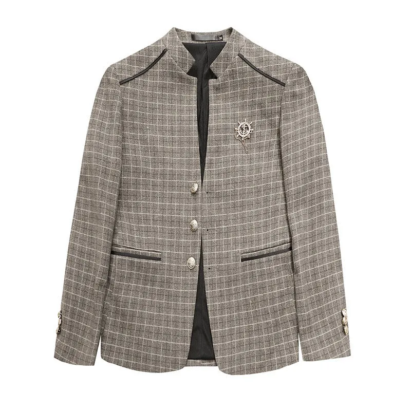 Men's plaid slim fit leisure coat in brown with bag cover seam pockets, shown from front