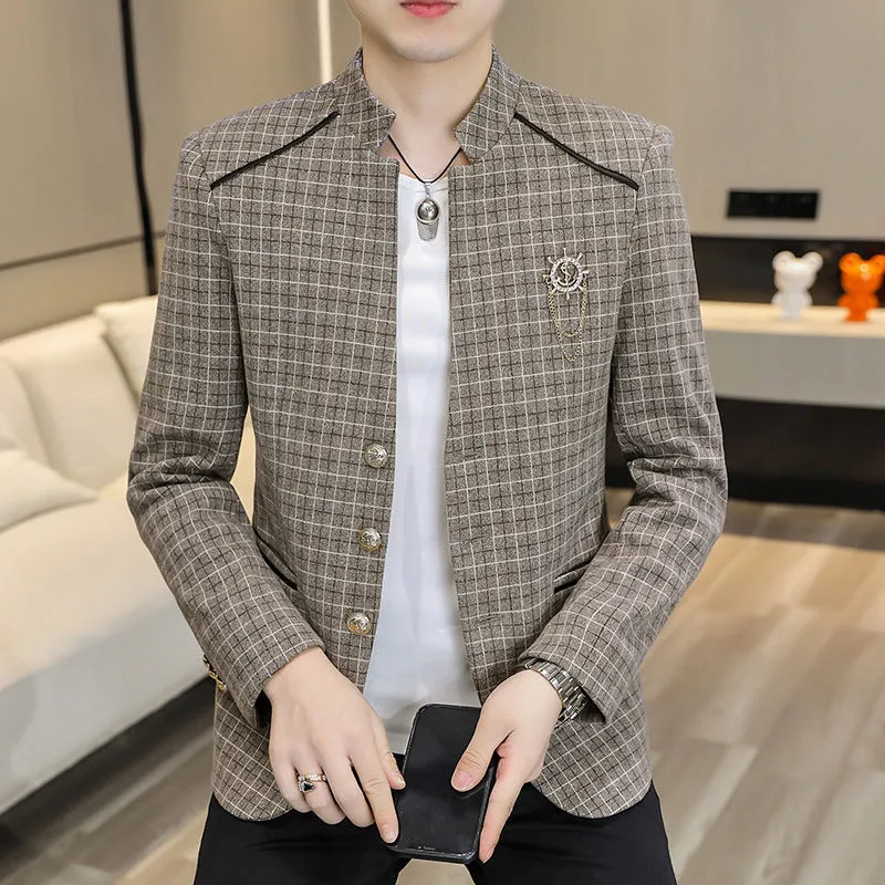 Men's plaid slim fit leisure coat in brown with bag cover seam pockets, shown from front