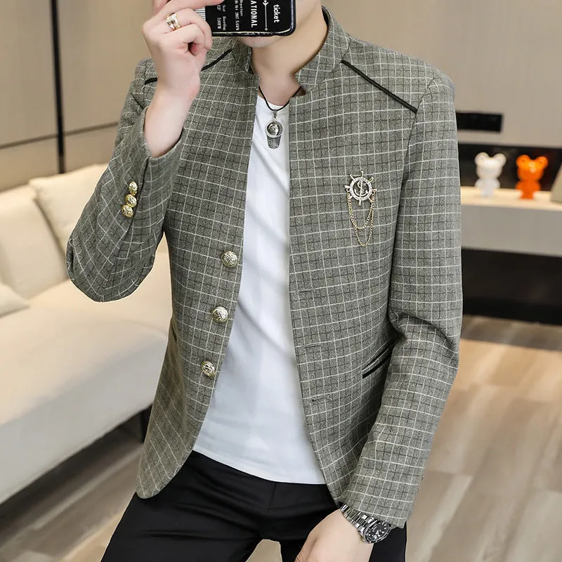 Men's plaid slim fit leisure coat in brown with bag cover seam pockets, shown from front