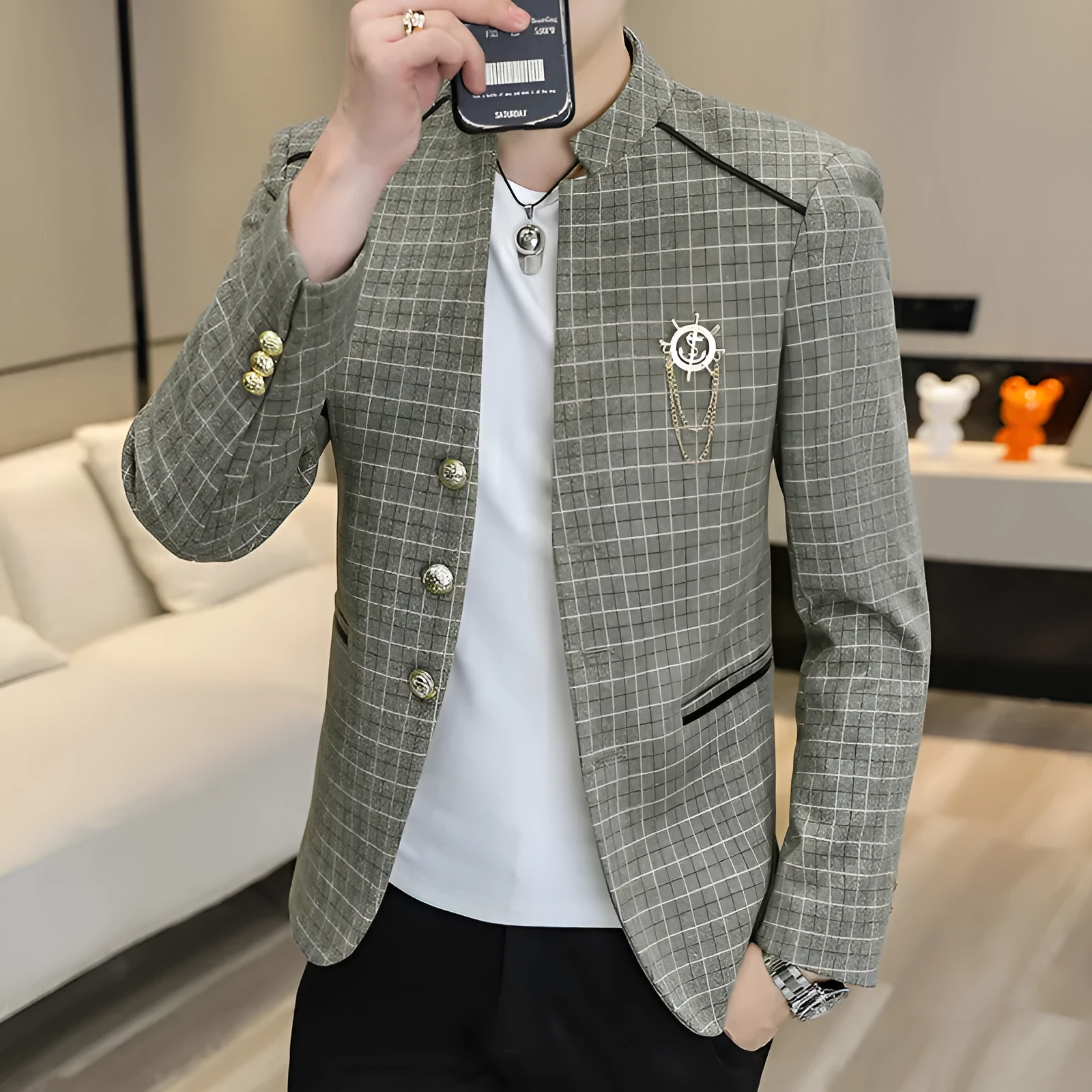 Men's plaid slim fit leisure coat in brown with bag cover seam pockets, shown from front