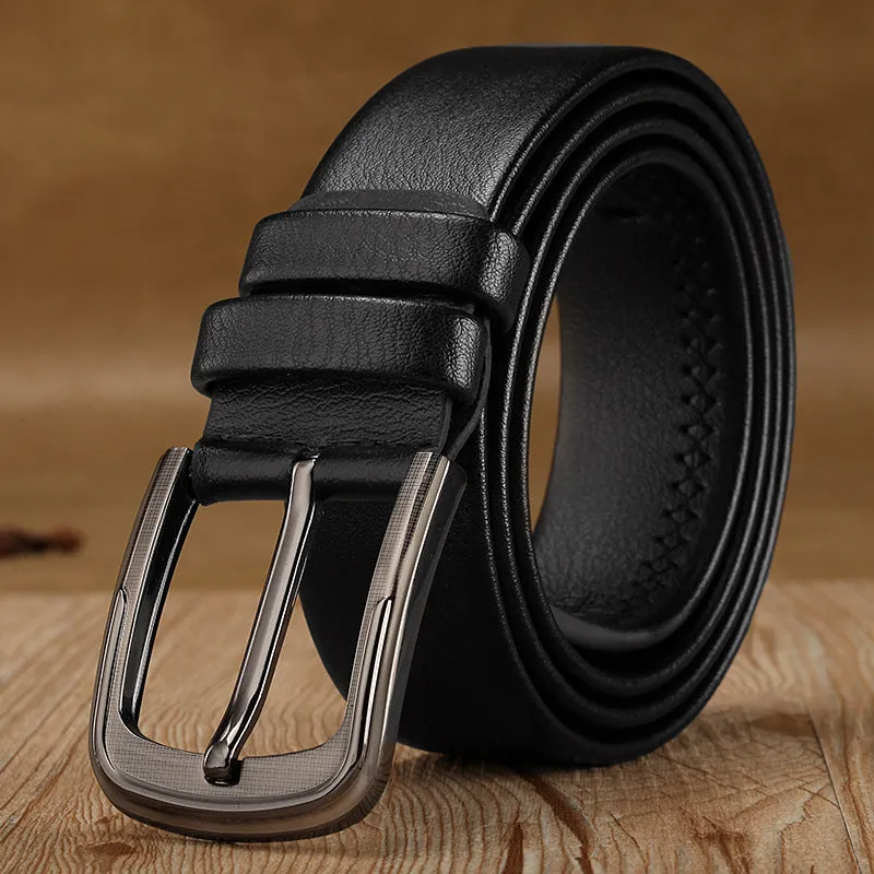 Men's pin buckle belt in black with alloy buckle and imported fibre body shown on a neutral background