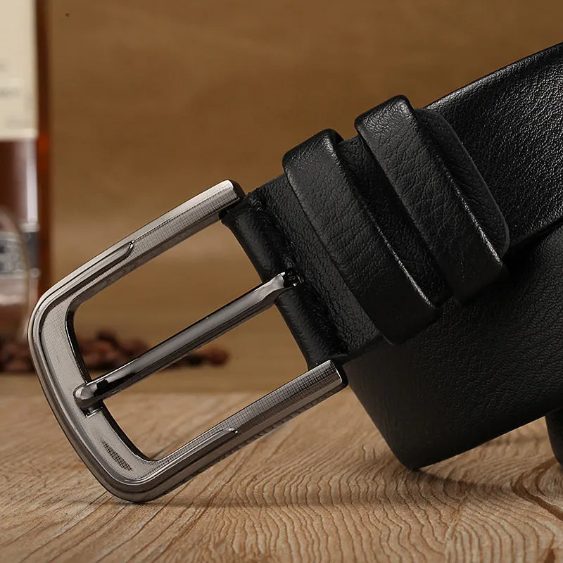 Men's pin buckle belt in black with alloy buckle and imported fibre body shown on a neutral background