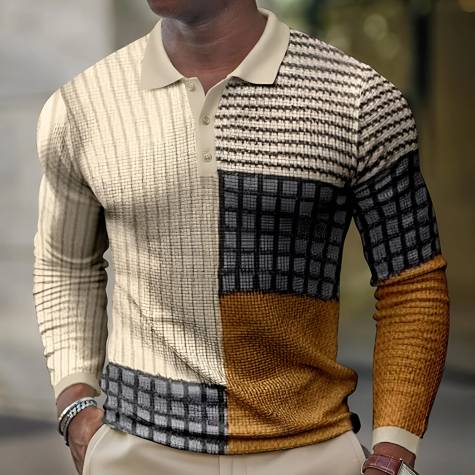 Men's 3D printing casual retro long sleeve top with striped pattern, loose fit, polyester blend, available in multiple colours