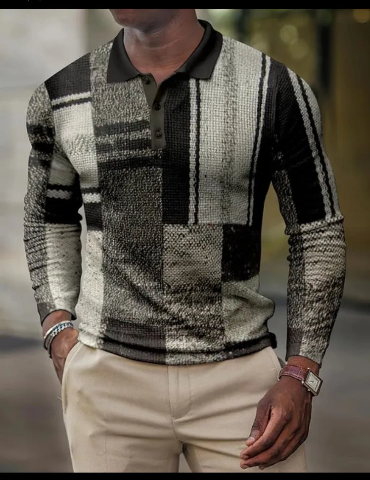 Men's 3D printing casual retro long sleeve top with striped pattern, loose fit, polyester blend, available in multiple colours