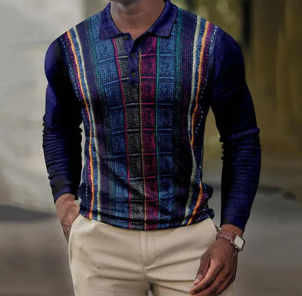 Men's 3D printing casual retro long sleeve top with striped pattern, loose fit, polyester blend, available in multiple colours
