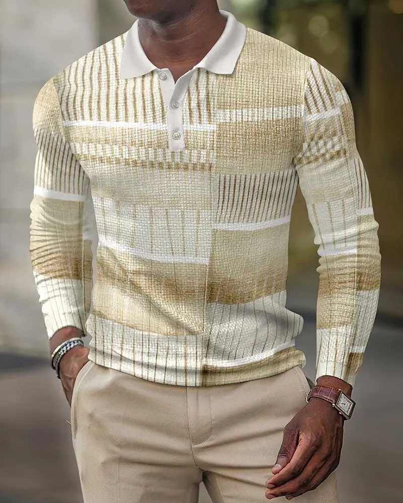 Men's 3D printing casual retro long sleeve top with striped pattern, loose fit, polyester blend, available in multiple colours