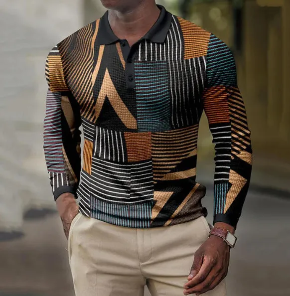 Men's 3D printing casual retro long sleeve top with striped pattern, loose fit, polyester blend, available in multiple colours