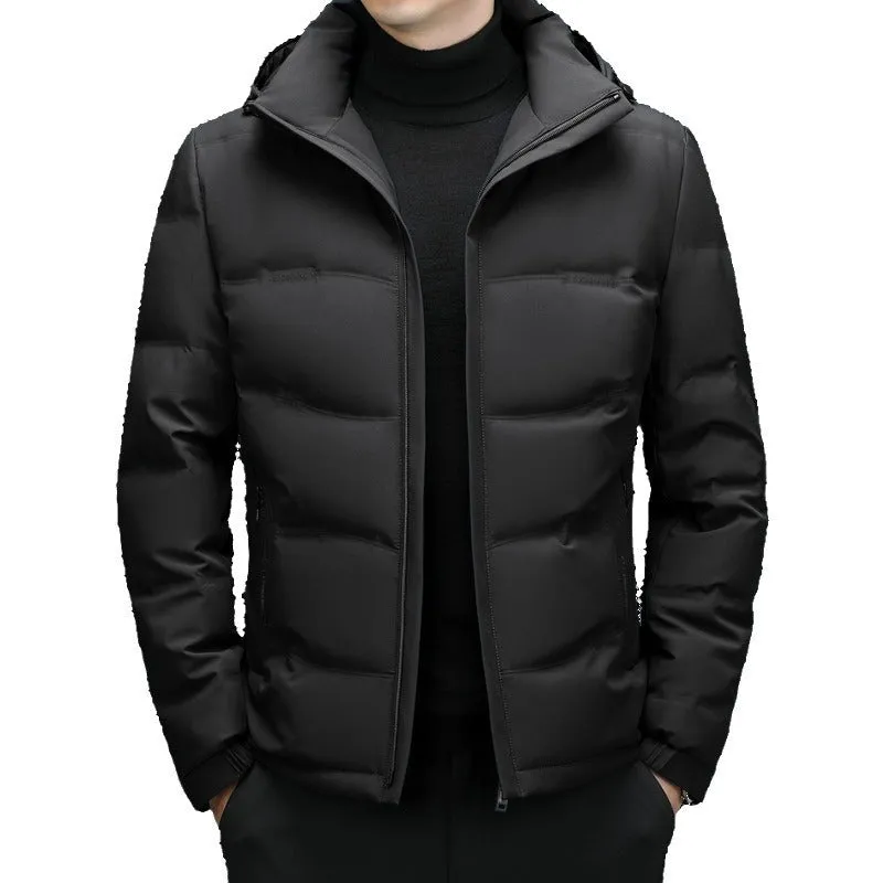 Men's thick down jacket in black with detachable hood, white duck down filling, loose fit