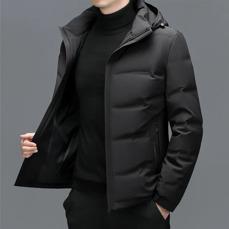 Men's thick down jacket in black with detachable hood, white duck down filling, loose fit