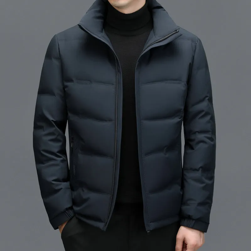 Men's thick down jacket in black with detachable hood, white duck down filling, loose fit