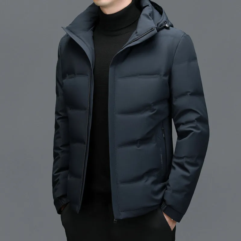 Men's thick down jacket in black with detachable hood, white duck down filling, loose fit