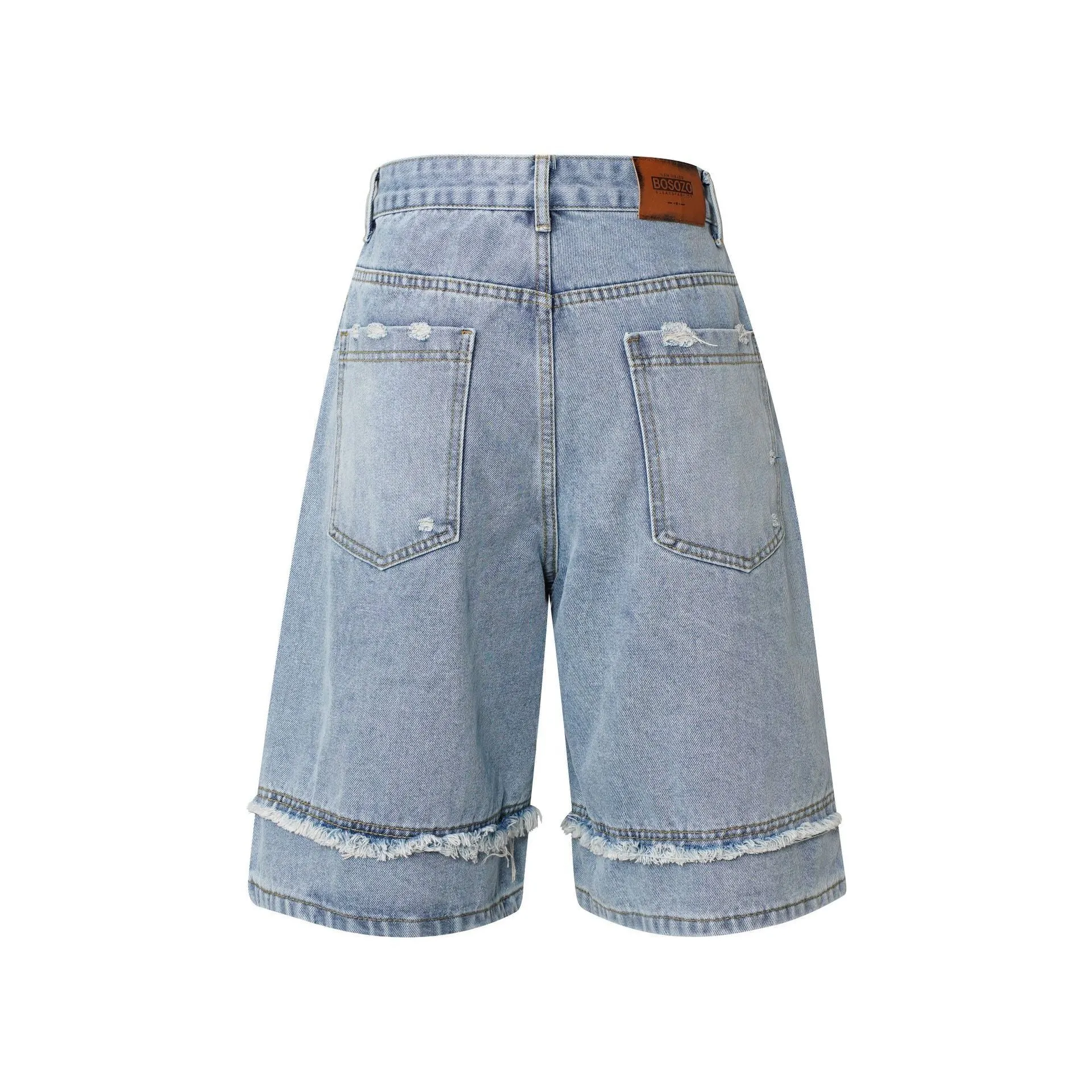 American Pu Shuai distressed straight leg denim shorts in black, shown with raw hem details.
