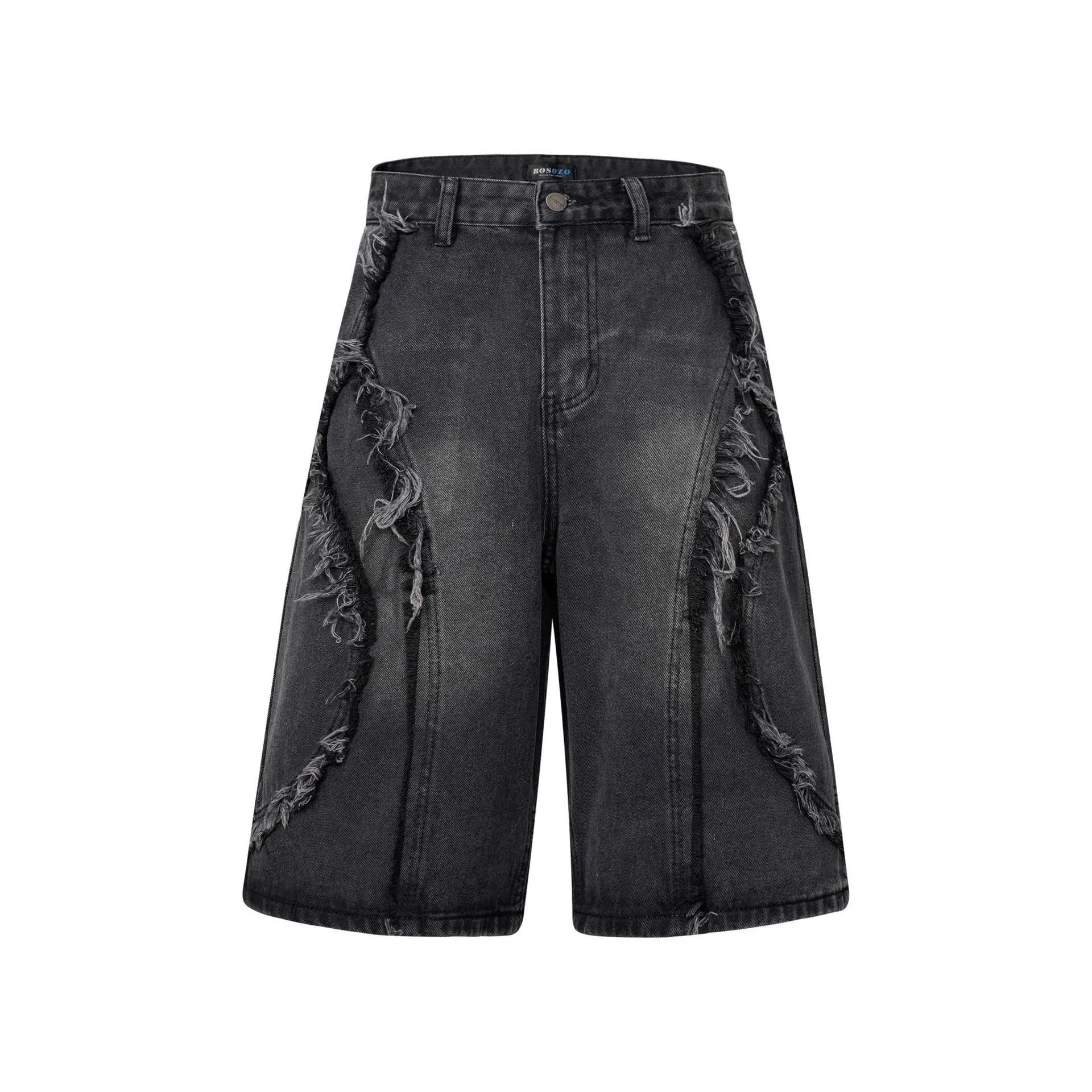 American Pu Shuai distressed straight leg denim shorts in black, shown with raw hem details.