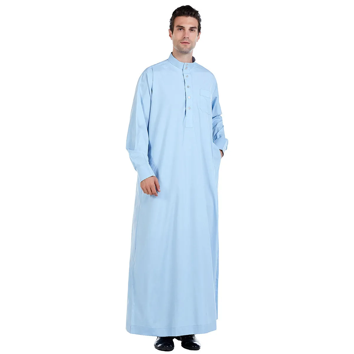 Traditional Arab Middle Eastern men's robe in white polyester, woven fabric, with full-length design