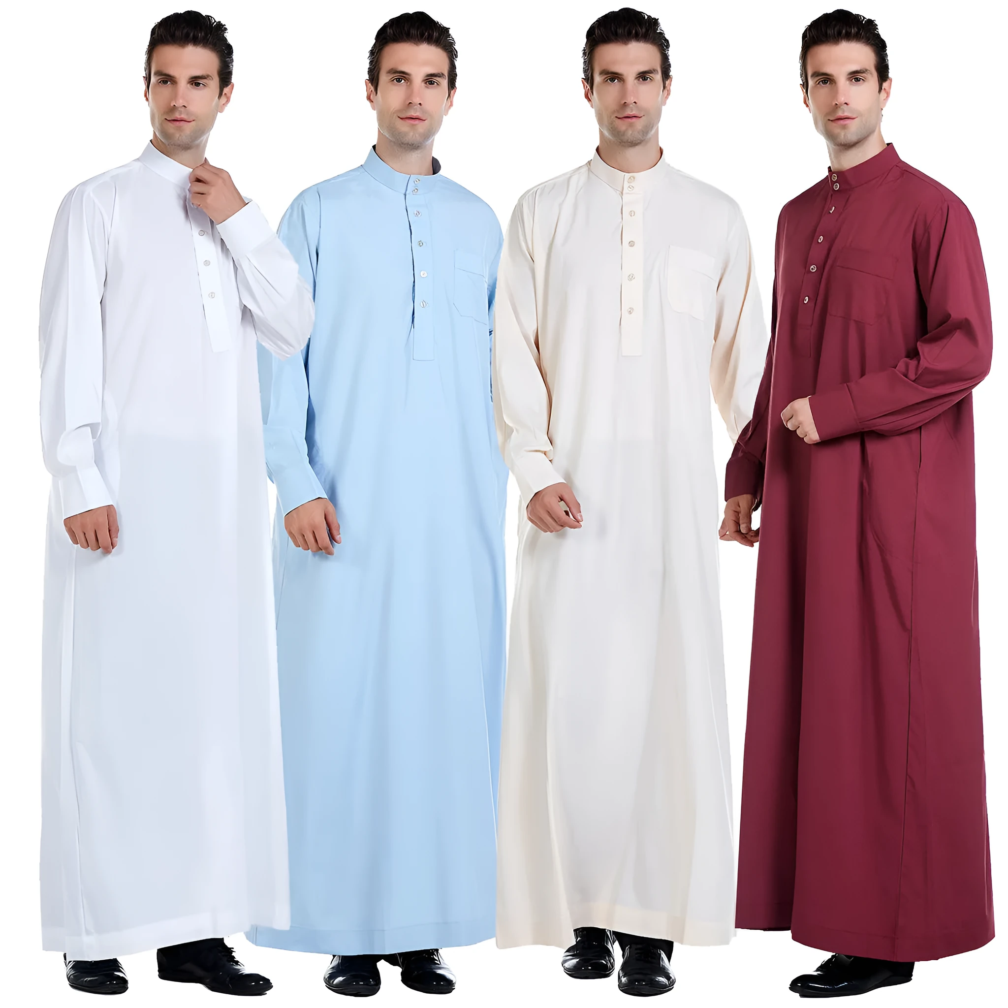 Traditional Arab Middle Eastern men's robe in white polyester, woven fabric, with full-length design