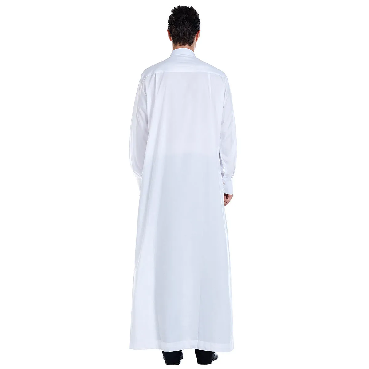 Traditional Arab Middle Eastern men's robe in white polyester, woven fabric, with full-length design