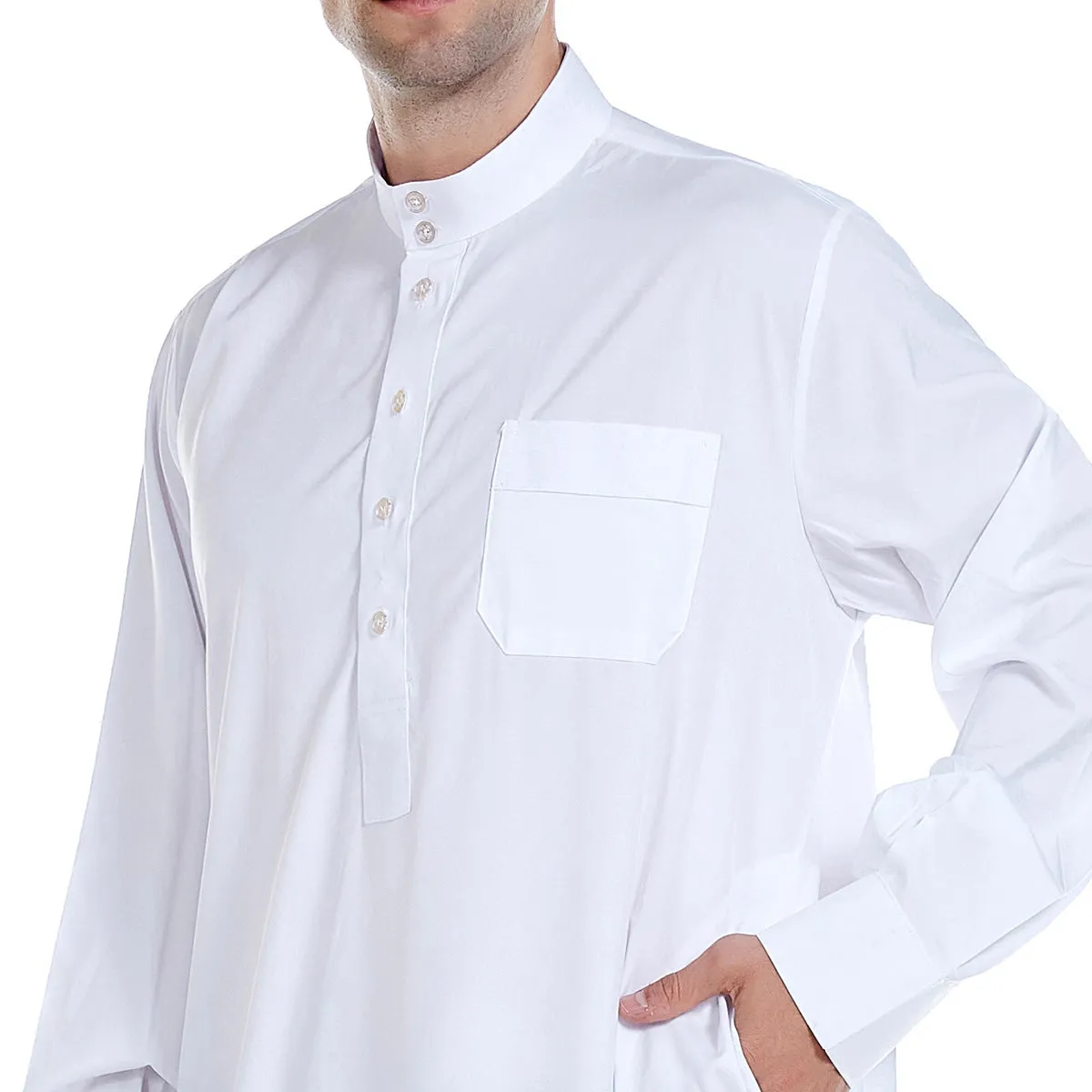 Traditional Arab Middle Eastern men's robe in white polyester, woven fabric, with full-length design