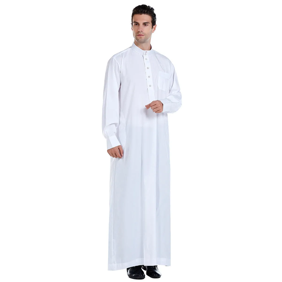 Traditional Arab Middle Eastern men's robe in white polyester, woven fabric, with full-length design