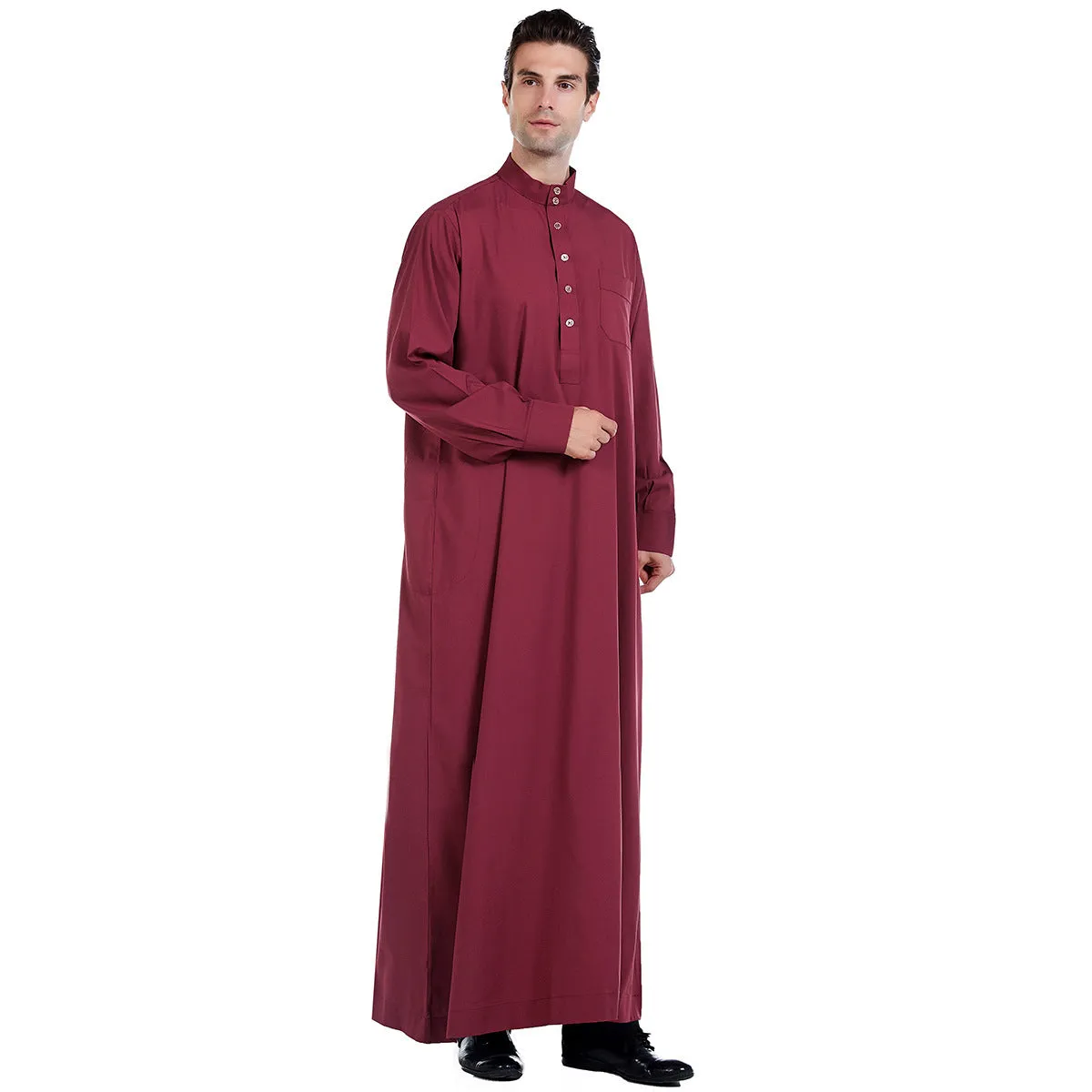 Traditional Arab Middle Eastern men's robe in white polyester, woven fabric, with full-length design