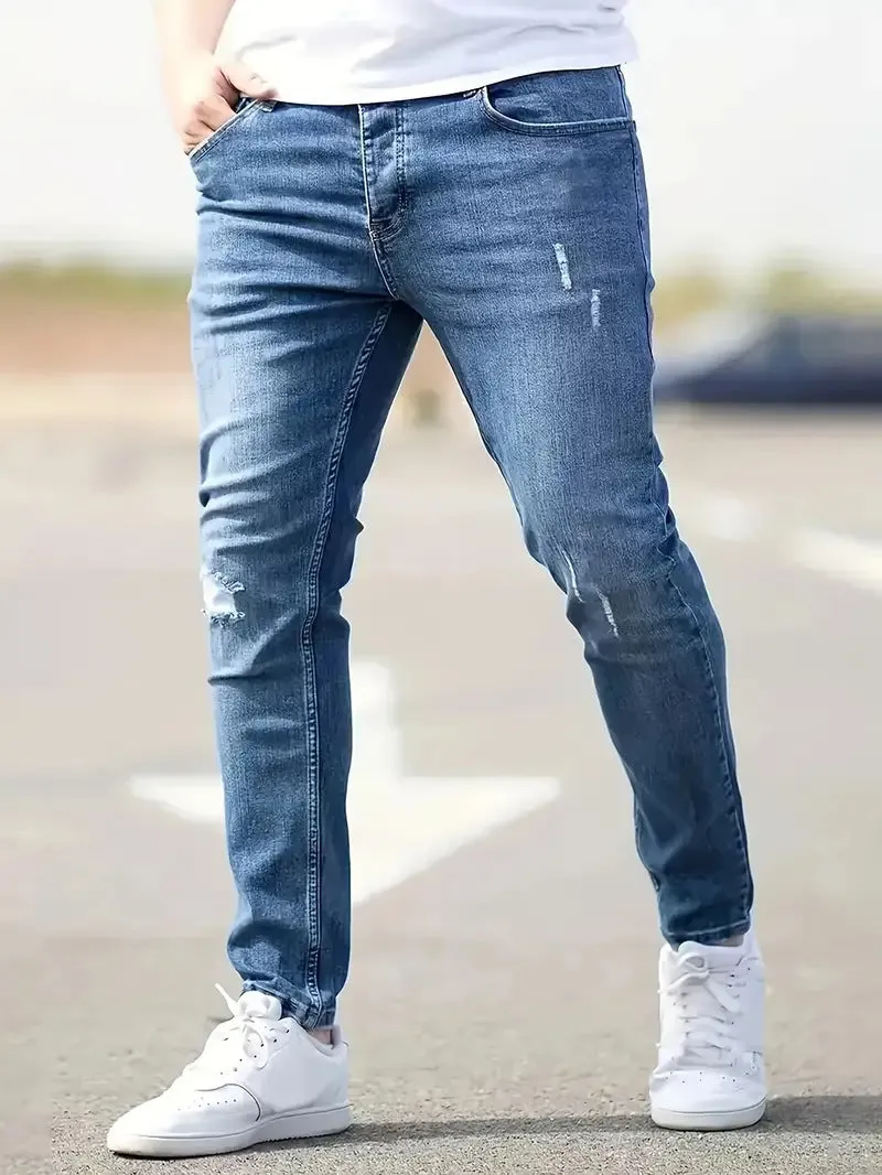 American-style slim-fit stretch denim jeans for men – mid waist, non-iron, available in black