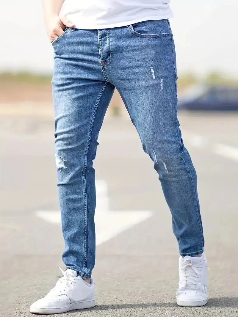 American-style slim-fit stretch denim jeans for men – mid waist, non-iron, available in black