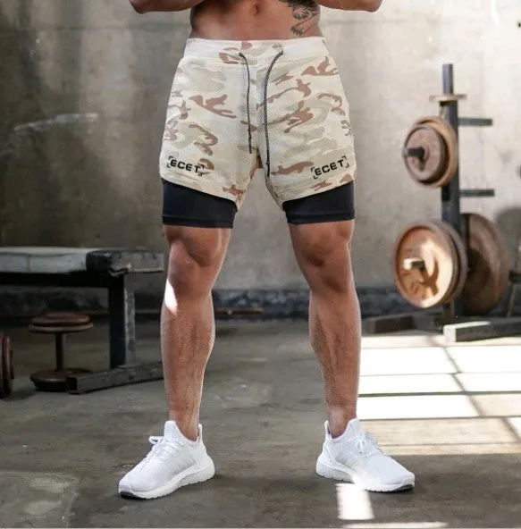 Men's quick-drying double-layer fitness shorts in Army Green with loose fit and moisture-wicking polyester fabric