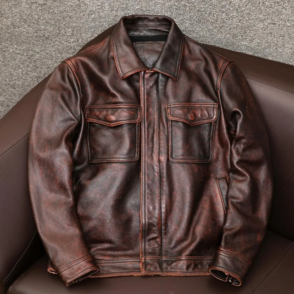 Men's black plus size lapel leather jacket with side pockets on mannequin