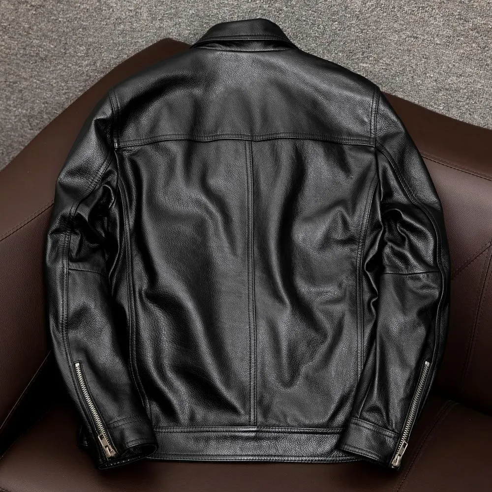 Men's black plus size lapel leather jacket with side pockets on mannequin