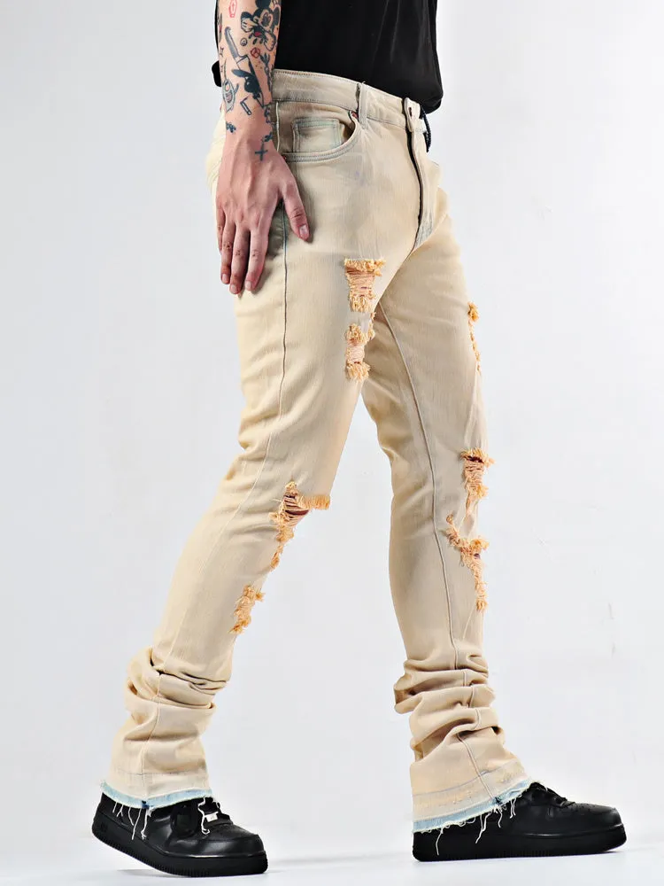 Elastic Youth Heavy Duty Flare Jeans in apricot cotton stretch denim medium high waist stone wash