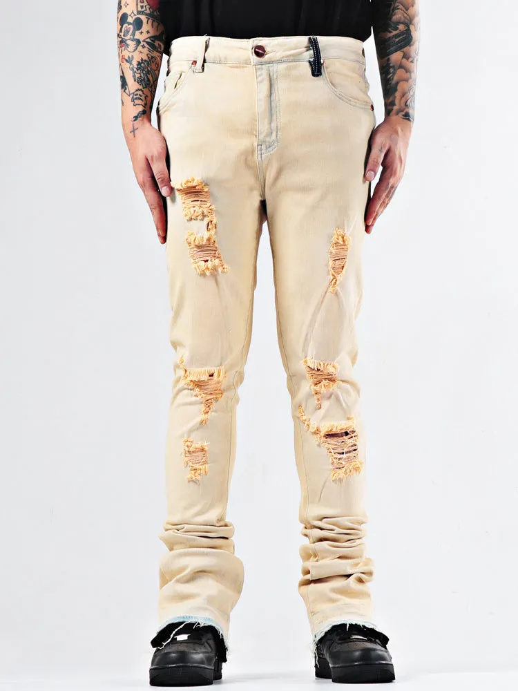 Elastic Youth Heavy Duty Flare Jeans in apricot cotton stretch denim medium high waist stone wash