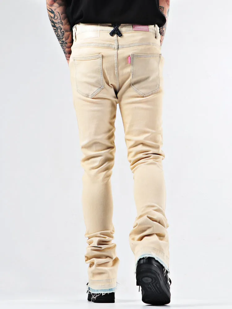 Elastic Youth Heavy Duty Flare Jeans in apricot cotton stretch denim medium high waist stone wash