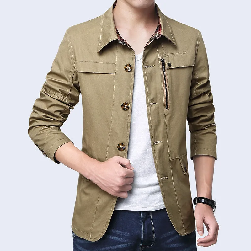 Men's slim fit cotton jacket in Army Green with save pocket, black lining, standing front view