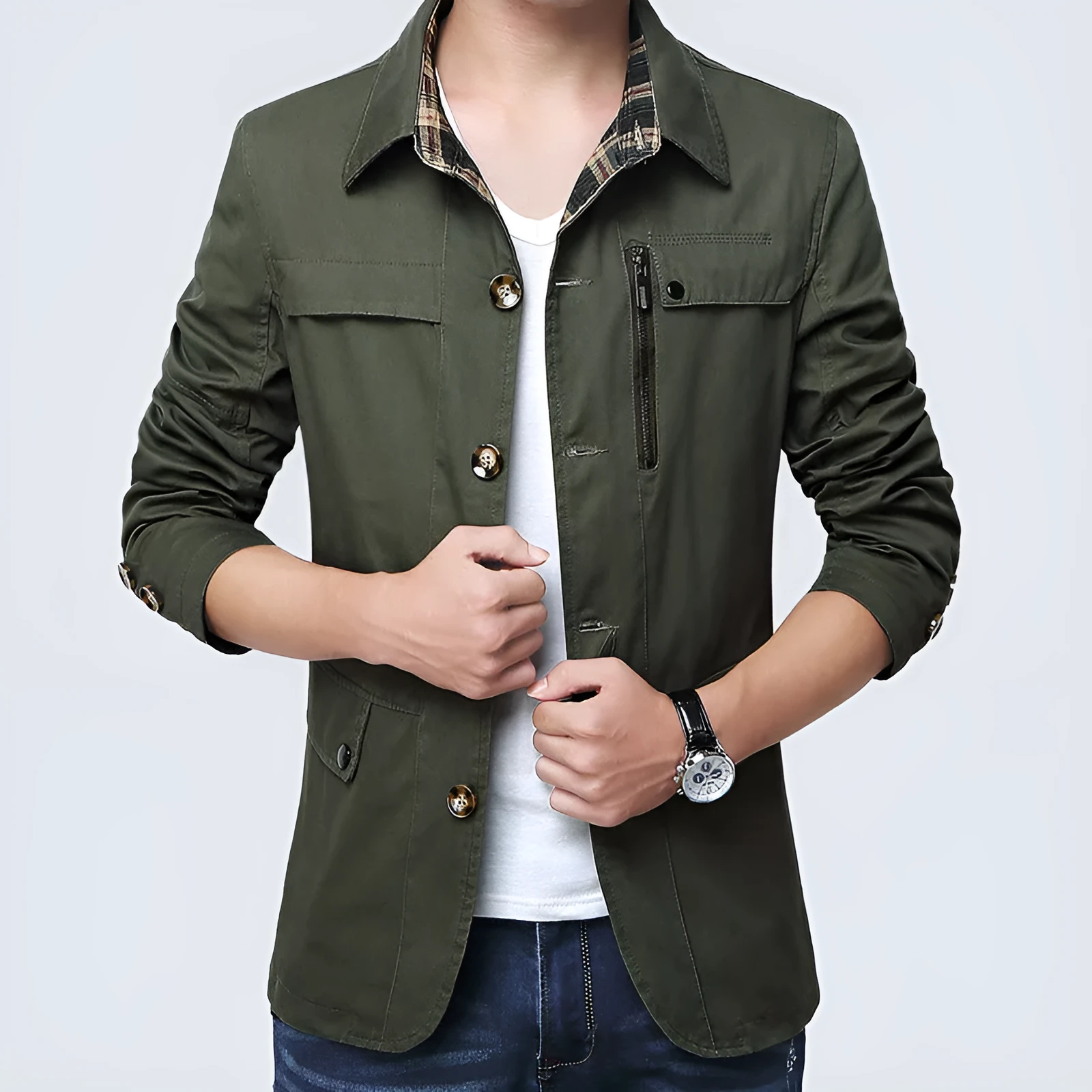 Men's slim fit cotton jacket in Army Green with save pocket, black lining, standing front view