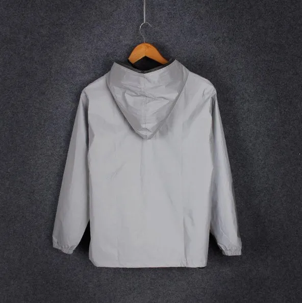 Men's full reflective windbreaker jacket in grey with hooded stand collar and zipper closure