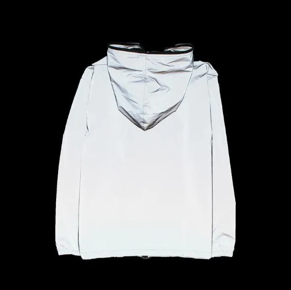 Men's full reflective windbreaker jacket in grey with hooded stand collar and zipper closure