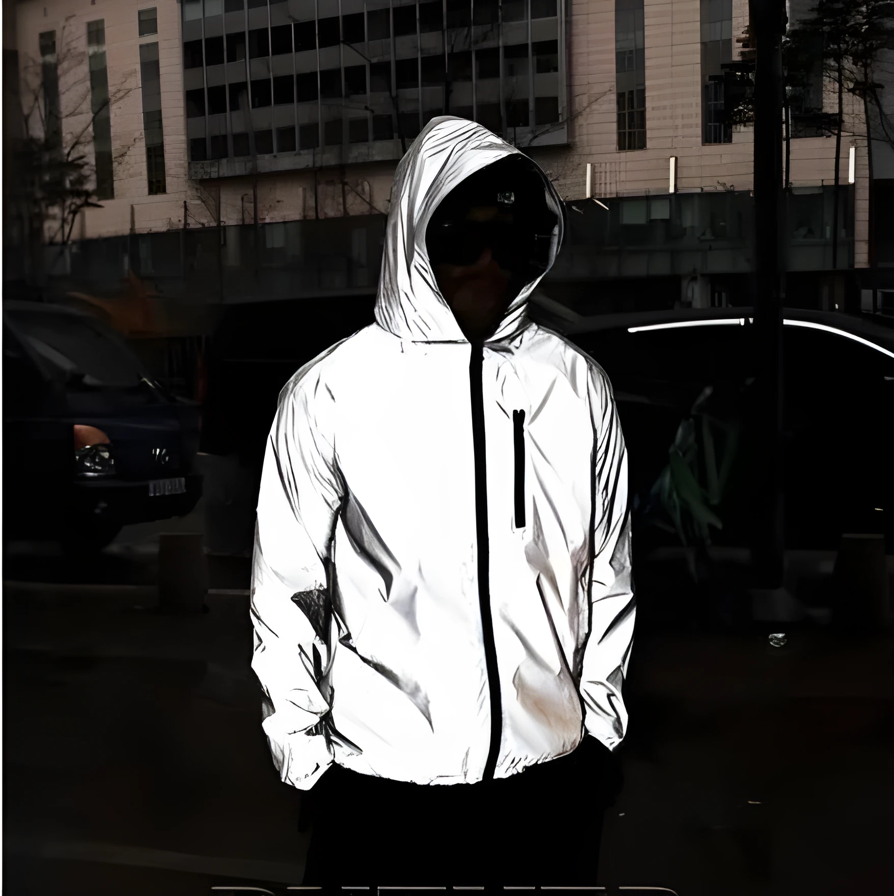 Men's full reflective windbreaker jacket in grey with hooded stand collar and zipper closure